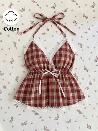 Elamini Red & White Plaid V-Neck Backless Bowknot Decor Ruffle Hem Camisole Top For Women, Spring/Summer , Vacation, Retro, Elegant, Cute, Romantic, Minimalist, Back To School, Versatile