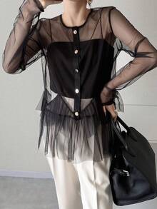 FRIFUL Women's Round Neck Metal Button Decor Hem Layered Ruffle Hem Splice Bodycon Casual T-Shirt - Black - View 7