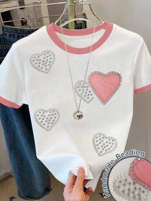 SHEIN Camiseta de manga corta casual con cuello redondo, corazón con perlas falsas y rhinestones, para niña, ropa linda, camisetas lindas, tops lindos para niñas, camisas con corazones, niños - Multicolor - Ver 1