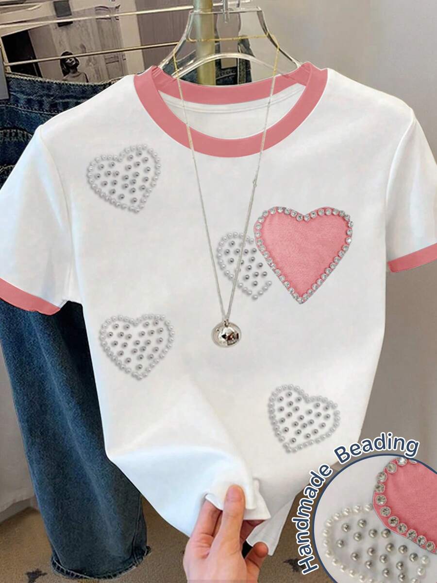 SHEIN Camiseta de manga corta casual con cuello redondo, corazón con perlas falsas y rhinestones, para niña, ropa linda, camisetas lindas, tops lindos para niñas, camisas con corazones, niños - Multicolor - Ver 1