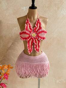 Soleia Women's Vacation Casual Loose Knit Fringe Sweater And Mini Skirt Set, Suitable For Beach, Cruise, Road Trip, Holiday, Date, Afternoon Tea, Music Festival, Boho, Summer, All Season, Daily Commute - Pink - View 6