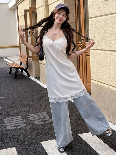 K-Vae 여성 캐주얼 섹시 대비 레이스 브이넥 슬립 드레스, 외출, 출퇴근, 일상복, 휴가, 여름을 위한 미니멀리스트 스타일