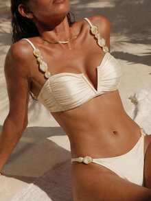 Swim Chiccia 2026新款女士夏季沙滩爆款优雅度假吊带串珠V领褶皱露背性感圆纱高衩比基尼套装 - 杏色 - 查看 1