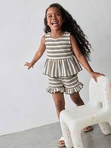 Maija Kids Maija Kids 女童夏季休闲条纹蝴蝶结装饰吊带背心和短裤套装 - 白色 - 查看 4