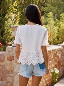KARISMINA Camisa de mujer de unicolor, de tejido, de manga corta, para primavera/verano - Blanco - Ver 3