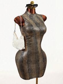 SHEIN BamGlam Đầm ngắn ôm sát dành cho nữ, chất liệu giả da rắn, có lớp vải bóng và eo nhún, không tay, kiểu dáng đơn giản và thời trang, phù hợp cho mặc hàng ngày và thường nhật. Đầm mini gợi cảm tối giản, thích hợp cho các bữa tiệc, câu lạc bộ, Giáng sinh, Lễ tình nhân, lấp lánh, dệt kim, hoàn hảo cho các lễ hội âm nhạc, màu đỏ anh đào, phong cách đường phố. - Vàng - Xem 1