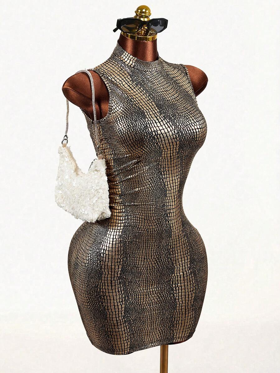 SHEIN BamGlam Đầm ngắn ôm sát dành cho nữ, chất liệu giả da rắn, có lớp vải bóng và eo nhún, không tay, kiểu dáng đơn giản và thời trang, phù hợp cho mặc hàng ngày và thường nhật. Đầm mini gợi cảm tối giản, thích hợp cho các bữa tiệc, câu lạc bộ, Giáng sinh, Lễ tình nhân, lấp lánh, dệt kim, hoàn hảo cho các lễ hội âm nhạc, màu đỏ anh đào, phong cách đường phố. - Vàng - Xem 1