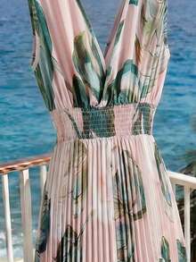 GlowEve French Elegant Casual Vacation Shirred Sleeveless Light Pink Floral Print Textured Plaid Chiffon Waist Gathered Pleated Flared Maxi Dress, Spring/Summer Pink Women Dress, Summer Dress, Polka Dot Dress, Elegant Women Summer Dress, Pink Maxi Dress, Flowy Summer Dress - Multicolor - View 4