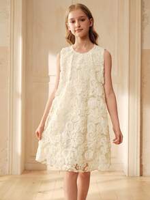 SHEIN Tween Girl Summer Casual Fashionable Sleeveless Floral Textured A-Line Dress - Apricot - View 3