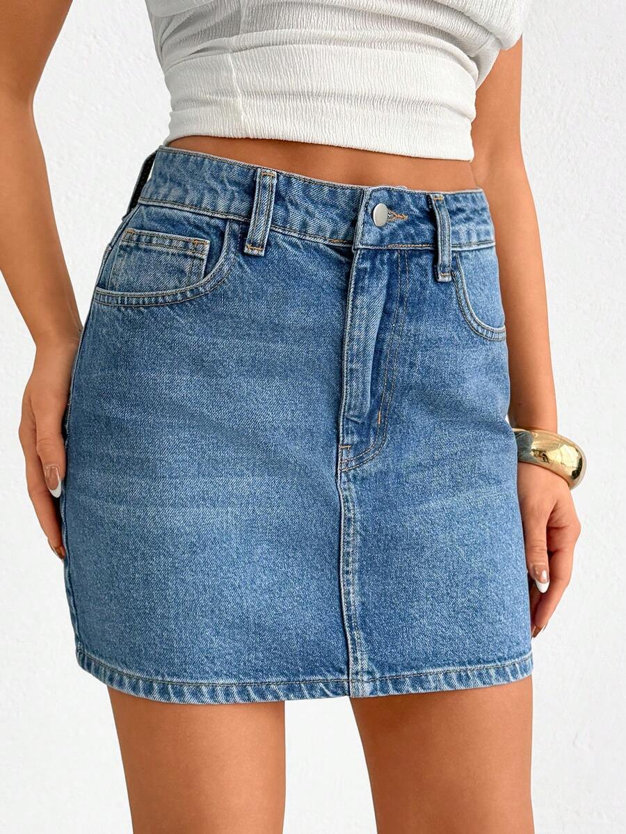 SHEIN 中度水洗蓝色高腰迷你牛仔女裙 - 中等水洗藍 - 查看 1