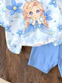 SHEIN Cute Blue Floral Print, Cartoon Frozen Snow Queen Princess Print, Sisterly Matching Set, Baby Girl Casual Loose Round Neck Short Sleeve T-Shirt And Skinny Bike Shorts Set, Suitable For Spring And Summer - Multicolor - View 6