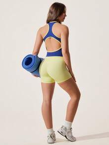 SHEIN Sovereign Charm Contrast Color Trim Hollow Back Seamless Sports Tank Top - Navy Blue - View 8