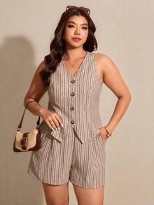 Elaquor 大码女式条纹V领单排扣上衣和口袋短裤休闲日常两件套 - 彩色 - 查看 7