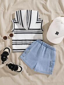 SHEIN Playful Pals Bộ 2 món áo hoodie tay cánh dơi kẻ sọc và quần short kaki cho bé trai sơ sinh/trẻ nhỏ, phong cách đường phố năng động. - Nhiều màu - Xem 2