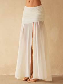 Silquee Women's Low Waist Ruched Slit Chiffon Skirt, Spring/Summer, Sexy Vacation Holiday Summer Festival Beachwear Romantic Elegant Birthday Wedding Guest Party Carnival Wedding Party - Apricot - View 7