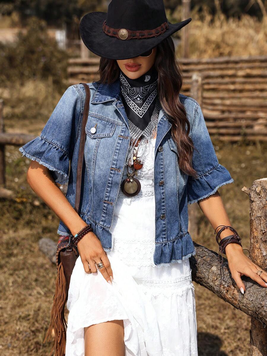 Breezaya 女士荷叶边袖单排扣休闲牛仔外套 - 藍色 - 查看 1