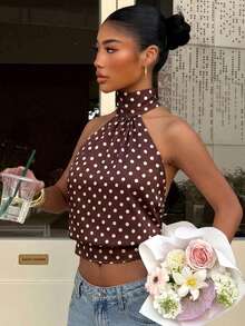 Muchica Women's Polka Dot Turtleneck Zipper Knit Camisole, Sleeveless, Minimalist Casual, Versatile For Daily Commute, Summer - Multicolor - View 3