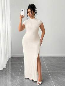 Elenzga 女士优雅短袖高领修身开衩连衣裙 - 杏色 - 查看 1