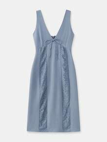 lacRébo V-Neck Satin Midi Dress With Lace Side Panels Spring Summer French Style Parisian Style Wedding Guest Dress - Blue - View 8