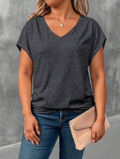 EMERY ROSE Plus Size Women's Summer Solid V-Neck Short Sleeve Casual T-Shirt V Neck Tops V Neck Tshirts Women Everyday Top