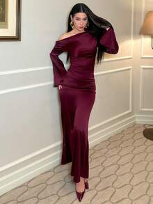 hhfernanda Valentine's Day Minimalist High-Quality Taffeta Asymmetric Shoulder Ruched Flare Sleeve Long Waist-Cinched Fishtail Dress,Dresses For Women Elegant,New Year Dress ,Elegant Party Dresses,Dresses For Women Elegant - Maroon - View 5