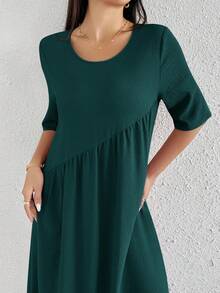 Mulvari Women's Solid Color Round Neck Pleated Casual Party Dress, Suitable For Summer Casual Long Dress - Dark Green - View 3