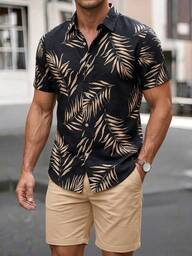 OTTIMOZO Men's Summer Vacation Leaf Print Hawaiian Shirt And Shorts Set