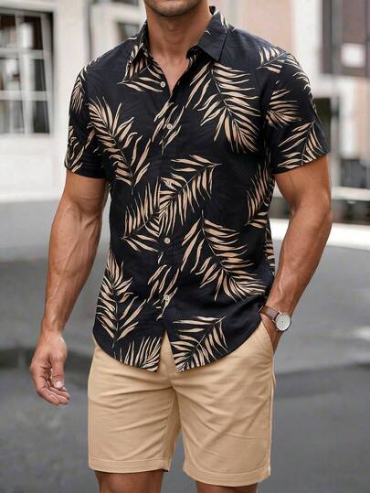 Manfinity RSRT Conjunto de camisa hawaiana y pantalones cortos con estampado de hojas para vacaciones de verano de hombres