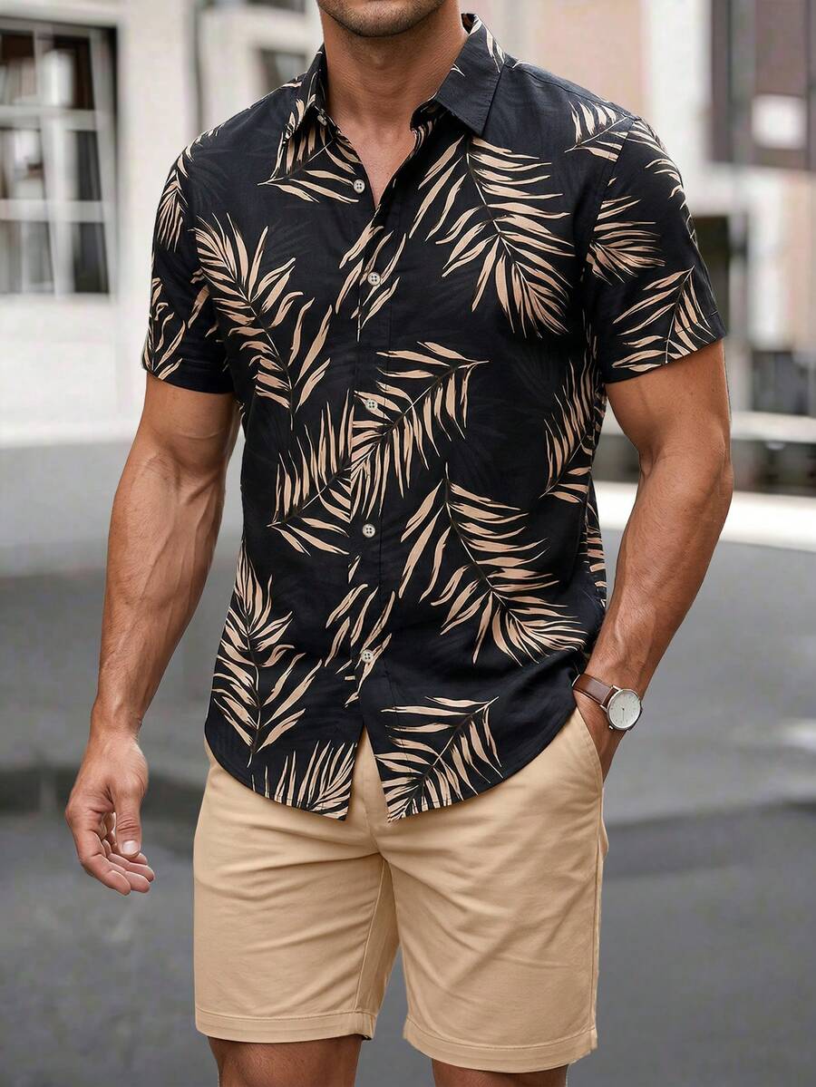 OTTIMOZO Bộ áo sơ mi và quần short Hawaii in hình lá cây dành cho nam giới, thích hợp cho kỳ nghỉ hè. - Nhiều màu - Xem 1