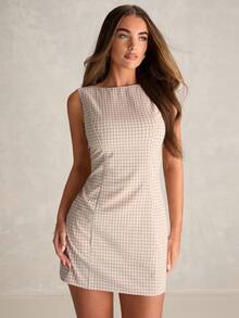 Enchnt 女士格子扭结镂空优雅收腰迷你派对连衣裙 - 杏色 - 查看 5