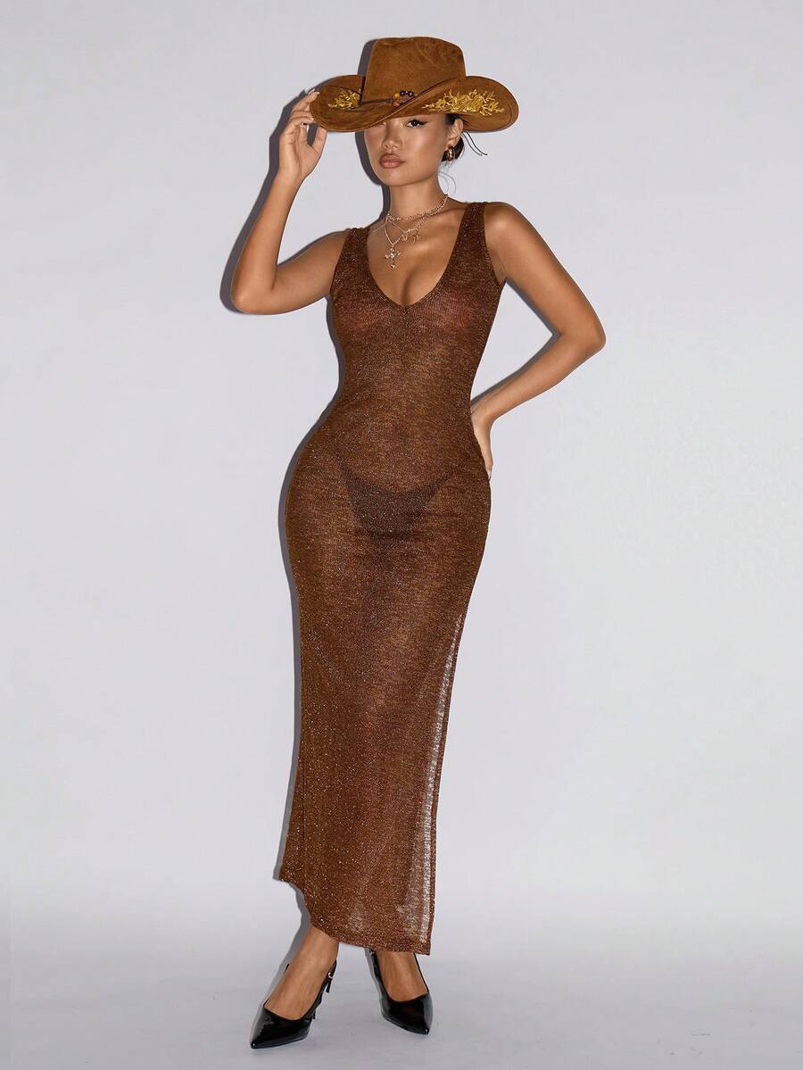 SHEIN ICON 音乐节性感露背深V高开衩连衣裙 - 卡其色 - 查看 1