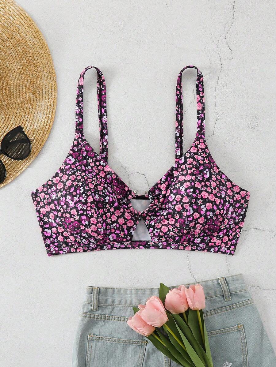 Swim Vcay 加大码可调节肩带镂空金属装饰平腰性感简约时尚沙滩度假女式泳装上衣 - 彩色 - 查看 1