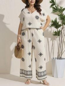 Comfylo 2pcs/Set Plus Size Short Sleeve V-Neck T-Shirt And Pants Elegant Women Minimalist And Fashionable For Summer Women Boho/Bohemian Summer Outfits For Women Vacation Outfits Woman Two Pieces Set Women Summer Outfits For Women Two Pieces Set Women Summer New Design 2pcs/Set Plus Size Leisure & Resort Style Fashion Outfit Glamorous Suitable For Summer Modest - Multicolor - View 7