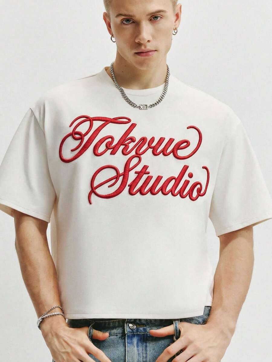 TOKVUE 男士休闲街头风刺绣短袖T恤