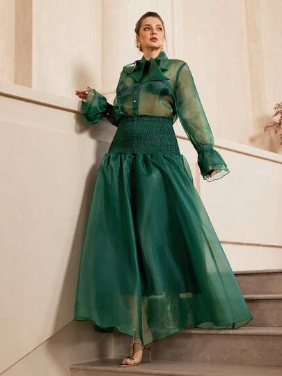 VOLUPTÉ CURVE Plus Size Spring/Summer Set, Elegant Retro French Style Organza Dress Set, Green Bowknot Tie Collar, Lantern Sleeve, High Waist Patchwork Flare Sleeve Layered Mid-Length Dress, Suitable For Work, Party, Date, Chic And Stylish