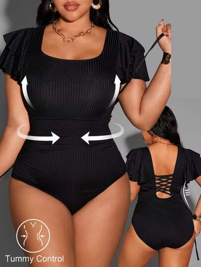 Shapewave 1pc Solid Color Loose Knit Special Fabric Double-Layer Ruffle Sleeve Criss-Cross Back Tie Functional One-Piece Swimsuit, Plus Size
