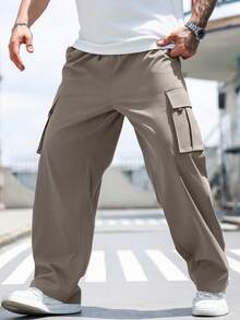 Manfinity Homme 大码男士休闲宽松纯色口袋裤 - 卡其色 - 查看 4