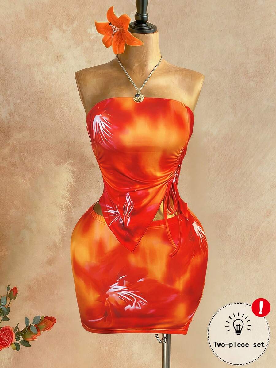 Rovax Camizolă sexy cu tiv asimetric și imprimeu floral + fustă mini cu imprimeu floral, set sexy pentru femei pentru vacanță la plajă, set două piese fără bretele, set roz două piese, set două piese cu imprimeu floral, set două piese cu fustă creion, set două piese cu imprimeu floral. - Multicolor - Vizualizare 1