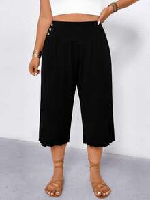 Elenzga Plus Size Women Casual Ruffle Waist Wide Leg Capri Pants - Black - View 5