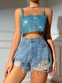 BamGleam 时尚性感水钻露脐吊带背心 - 淺藍色 - 查看 3