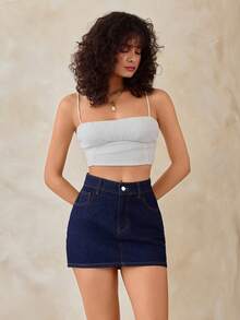 SHEIN 100%纯棉女士斜插口袋休闲牛仔裙 - 深色水洗藍 - 查看 3