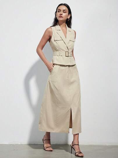 Aveloria Modichic 新款时尚设计休闲腰带背心外套及直筒裤套装