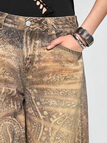 ROMWE Grunge Punk Quần jeans ống rộng cạp thấp in họa tiết da báo phong cách Bohemian cổ điển của Peris. - Nhiều màu - Xem 2