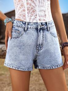 Breezaya 女士休闲宽松牛仔短裤，带口袋 - 藍色 - 查看 6