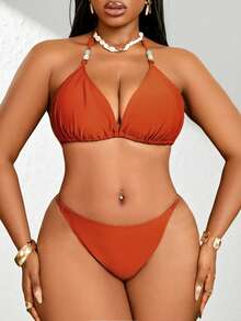 Slaydiva Conjunto de 3 piezas de traje de baño y cubrecuerpo de manga larga minimalista de color caramelo para mujer de talla grande - Marrón - Ver 3