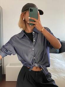 DAZY Camisa casual de manga larga y unicolor para mujer, azul - Azul - Ver 6