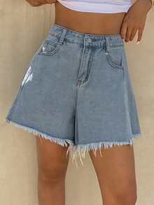 DAZY Quần short denim ống rộng, gấu quần rách, chất liệu denim mài, kiểu dáng thường ngày dành cho nữ, thích hợp cho mùa hè. - Rửa trung bình - Xem 4