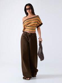 LYSMO 女士夏季休闲时尚沙滩度假风撞色条纹图案不规则领蝙蝠袖修身露脐网纱镂空上衣 - 彩色 - 查看 4