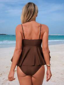 Swim Lushoire New Brown Hollow-Out Swimwear, Ruffle Strap Flounce Tummy Control Two Pieces Tankini Set - Brown - View 2
