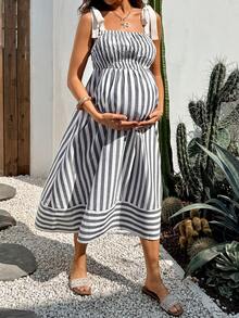 Boho Mama 孕妇休闲条纹无袖连衣裙 - 灰色 - 查看 3